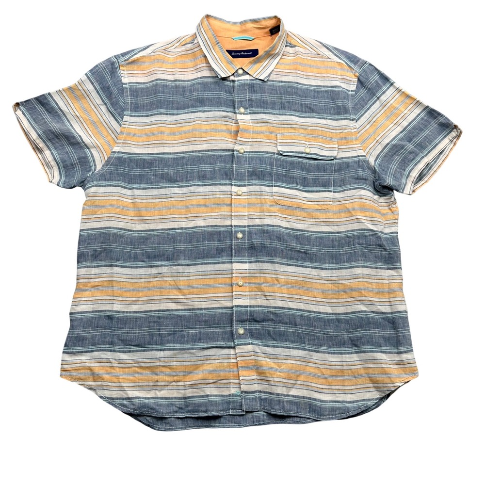 Tommy Bahama Camp Shirt Mens XXL Orange Blue Stripe 100% Linen Short Sleeve